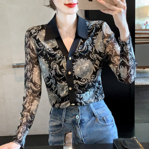 Real shot 2024 lace shirt/chiffon shirt commuting super slim long-sleeved suit collar single-breasted spring and autumn new style