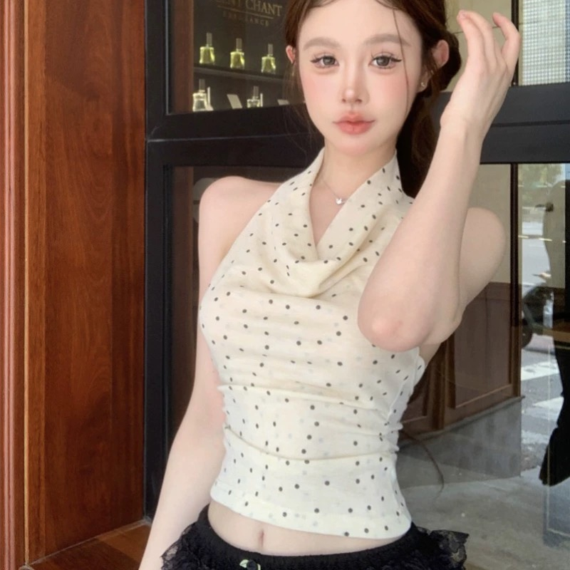 Original fabric 80% polyester fiber 20% recycled fiber polka dot halterneck off-shoulder top for hot girls
