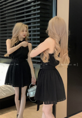 Real shot of summer retro sexy sleeveless vest dress women's waist shirt puffy A-line skirt with belt