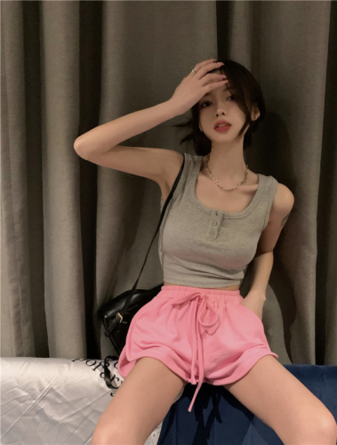 Pure lust pink sweet hot girl short style inner bottoming vest women's design niche suspender outer top