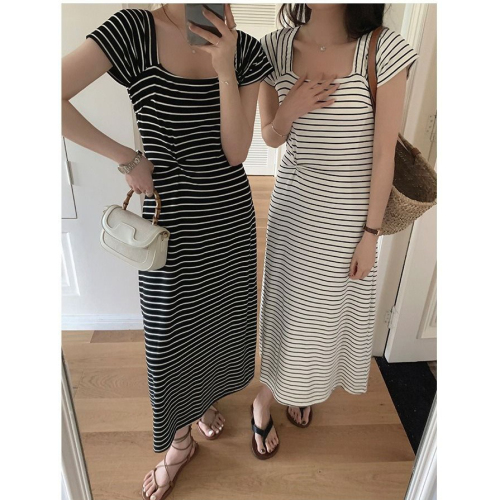 2024 Summer Temperament Waist Slimming Long Skirt French Square Collar Commuting Fashionable Striped Knitted Dress