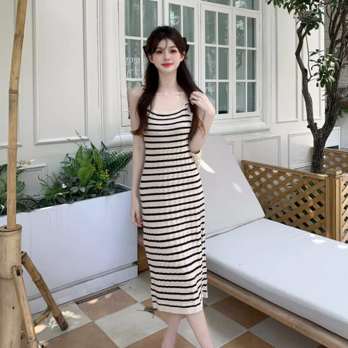 Knitted Striped Sleeveless Dress Women's 2024 Summer New Style Over-the-Knee Vest Skirt Loose Slim Long Skirt