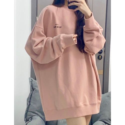 American pink design hiphop high street round neck sweatshirt for women 2024 autumn and winter new style plus velvet warm top trendy