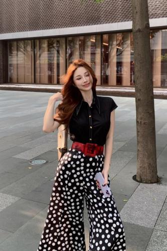 Actual shot of real-price rose story Liu Yifei and Huang Yimei's same clothes black polka dot wide-leg pants women's loose pants