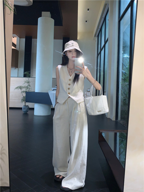 Customized breathable texture ramie oversize suit vest casual pants suit for women