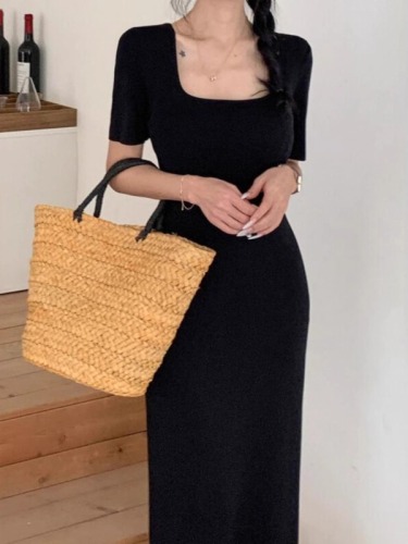 Ice Silk Drape Dress Women's Summer 2024 New Mid-Sleeve Black Square Neck Slim Fit Long Dress Women's Summer