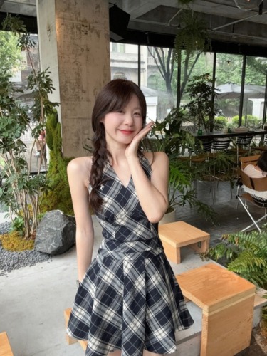 Black and white plaid dress women's summer hot girl sundress