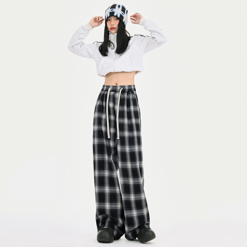 Real shot single pants with velvet and black and white checkered autumn and winter drawstring elastic waist loose straight casual wide leg pants