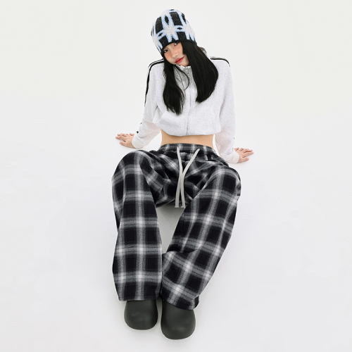 Real shot single pants with velvet and black and white checkered autumn and winter drawstring elastic waist loose straight casual wide leg pants