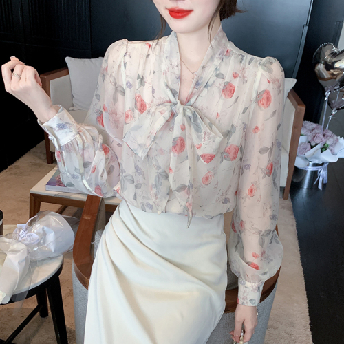 Real shot floral chiffon shirt women's long sleeve 2024 new style temperament fashion top butterfly shirt