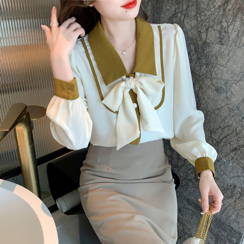 Actual shot of 2024 new fall style versatile and niche design spliced ​​long-sleeved shirts for women bottoming shirts