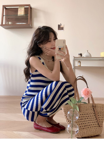 Blue Striped Dress Women's Beach Resort Style Loose Vest Knitted Beach Skirt Lazy Style Casual Long Skirt