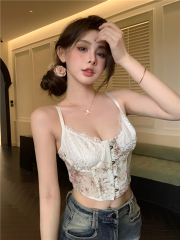 Actual shot of new embroidered lace lace outer wear and inner fishbone shirt slim waist camisole for women