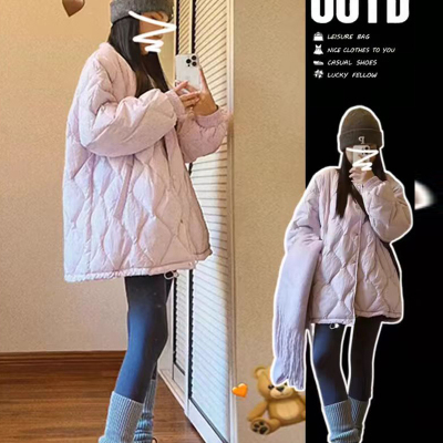 Winter down cotton coat for women 2024 new Korean style lazy style rhombus loose slimming little thickened cotton coat trend