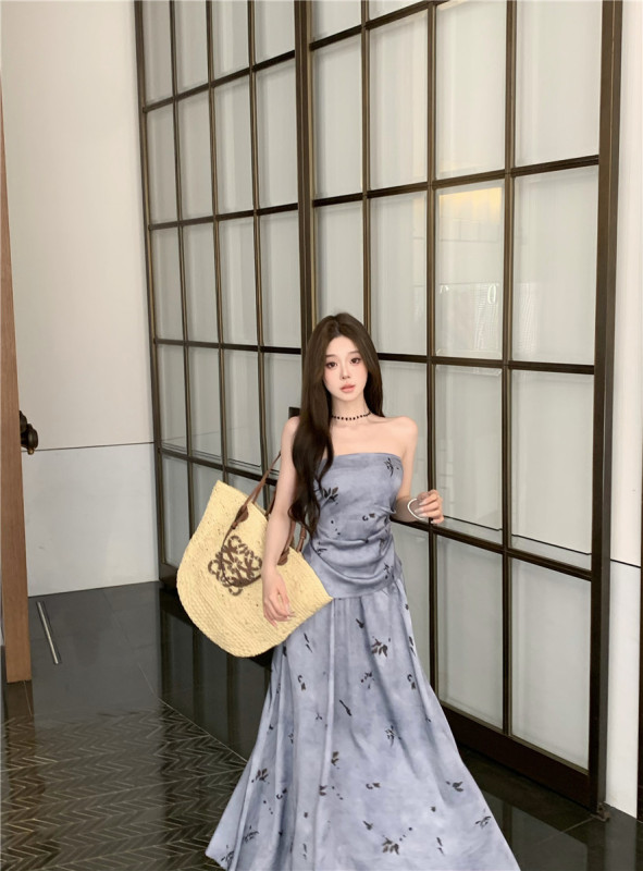 Actual shot and real price new Chinese style retro printed tube top skirt suit