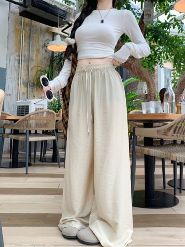 Lazy Style Drawstring Casual Pants Women's Summer Ice Silk Pants Wide Leg Pants Loose Draping Floor-Mopping Pants