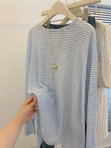 Blue striped girls long-sleeved T-shirt tops for women summer casual versatile thin loose lazy sunscreen ins blouse