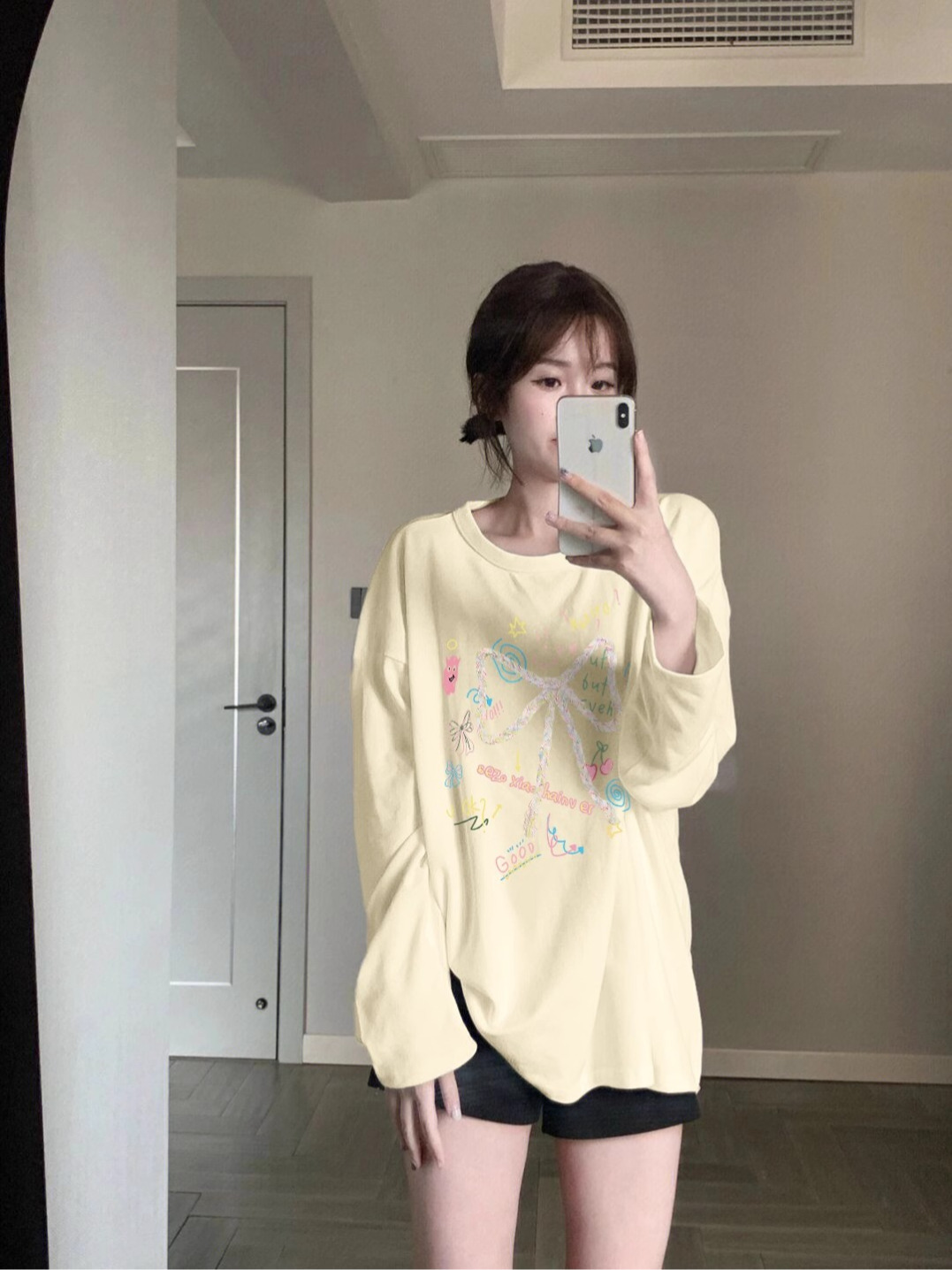 High quality pure cotton 200g 21 count combed precision printed autumn loose long sleeve T-shirt for women