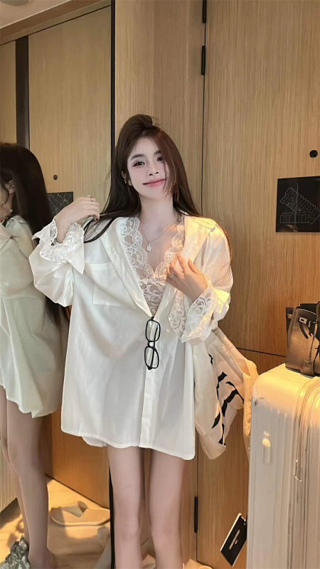 Actual shot and real price Solid color lazy mid-length sun protection shirt jacket + slim fit pure desire inner lace two-piece set