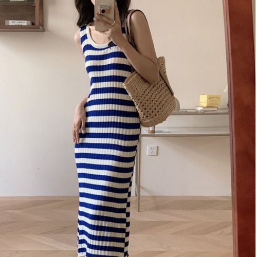 Blue Striped Dress Women's Beach Resort Style Loose Vest Knitted Beach Skirt Lazy Style Casual Long Skirt