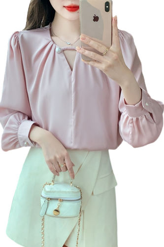 Actual shot of 2024 new autumn loose-fitting casual satin long-sleeved shirt for women with light and sophisticated design