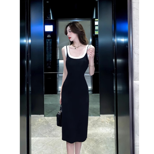 Xiaoxiangfeng sleeveless knitted dress 2024 summer women's thin mid-length slim black camisole dress