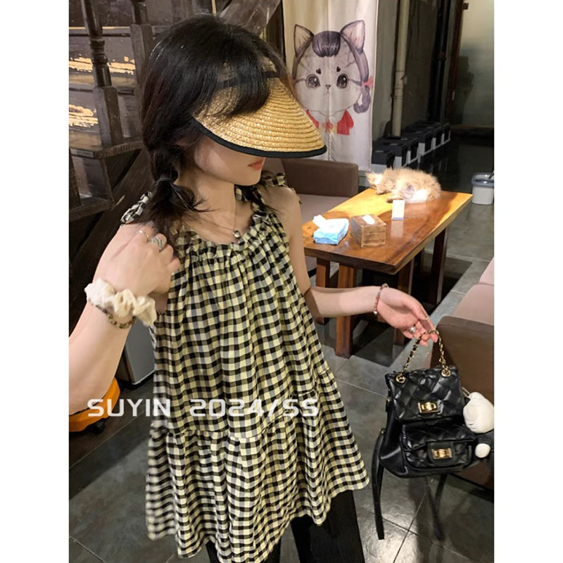 Halterneck tie bow plaid vest for women summer loose sleeveless top for women