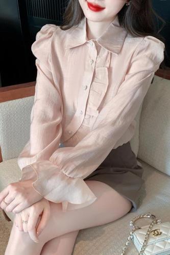 Already shipped real shot 2024 new design chiffon shirt shirt long-sleeved top western style small shirt for women