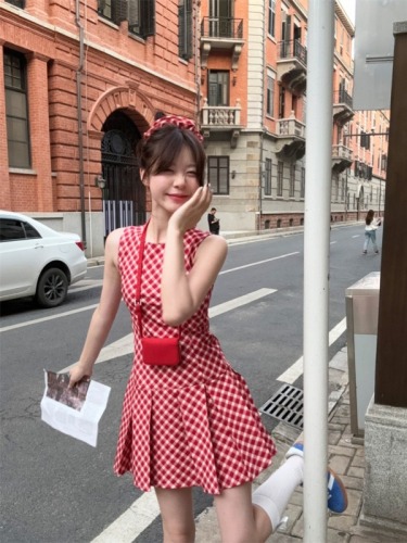 Sweet and Spicy Strawberry Red and White Checkered A-Line Sleeveless Dress + Two-piece Set with Headband