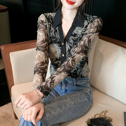 Real shot 2024 lace shirt/chiffon shirt commuting super slim long-sleeved suit collar single-breasted spring and autumn new style