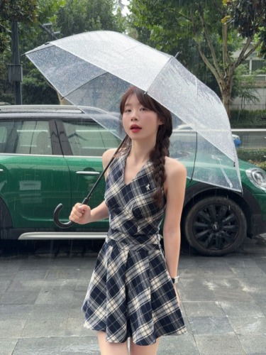 Black and white plaid dress women's summer hot girl sundress