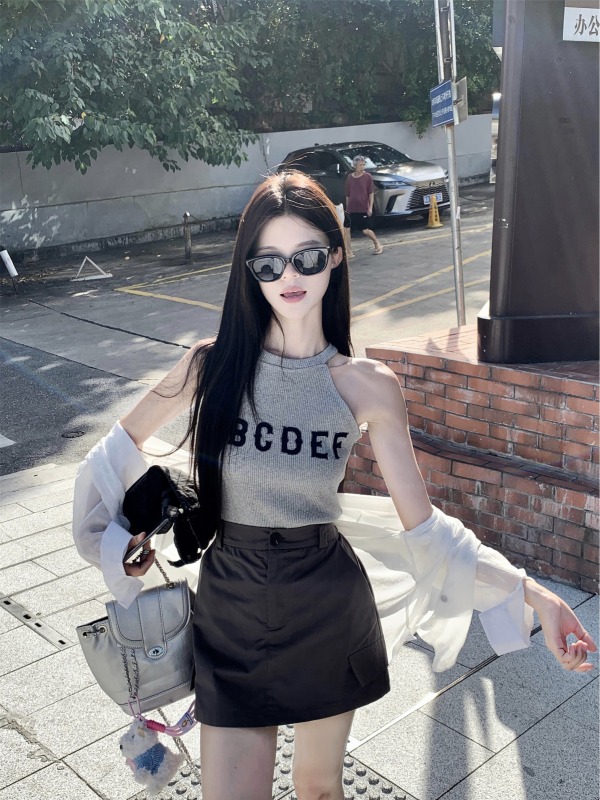 Korean hot girl halterneck vest + overalls, short skirt + sun protection clothing three-piece set