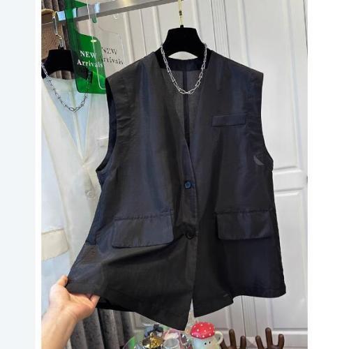 High-end black versatile V-neck Tencel chiffon shirt women's waistcoat vest cardigan light top 2024 summer new style