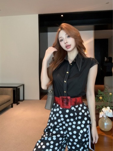 Actual shot of real-price rose story Liu Yifei and Huang Yimei's same clothes black polka dot wide-leg pants women's loose pants