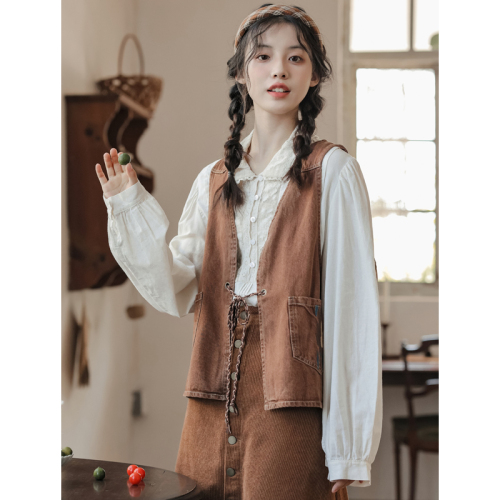 Not less than 99 real shot Japanese retro design strap embroidered loose vest