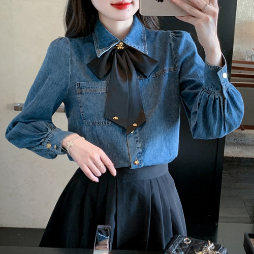 Actual photos have been shipped. Designed denim shirt, Korean style, stylish bow tie, versatile top