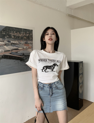 Real shot of dog print short-sleeved T-strap design Korean style hot girl short slimming top