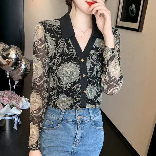 Real shot 2024 lace shirt/chiffon shirt commuting super slim long-sleeved suit collar single-breasted spring and autumn new style