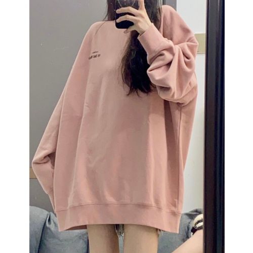 American pink design hiphop high street round neck sweatshirt for women 2024 autumn and winter new style plus velvet warm top trendy