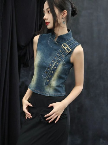 Official picture New Chinese style denim top for women summer retro pullover small stand-up collar versatile sweet and cool waist short vest