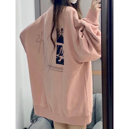 American pink design hiphop high street round neck sweatshirt for women 2024 autumn and winter new style plus velvet warm top trendy