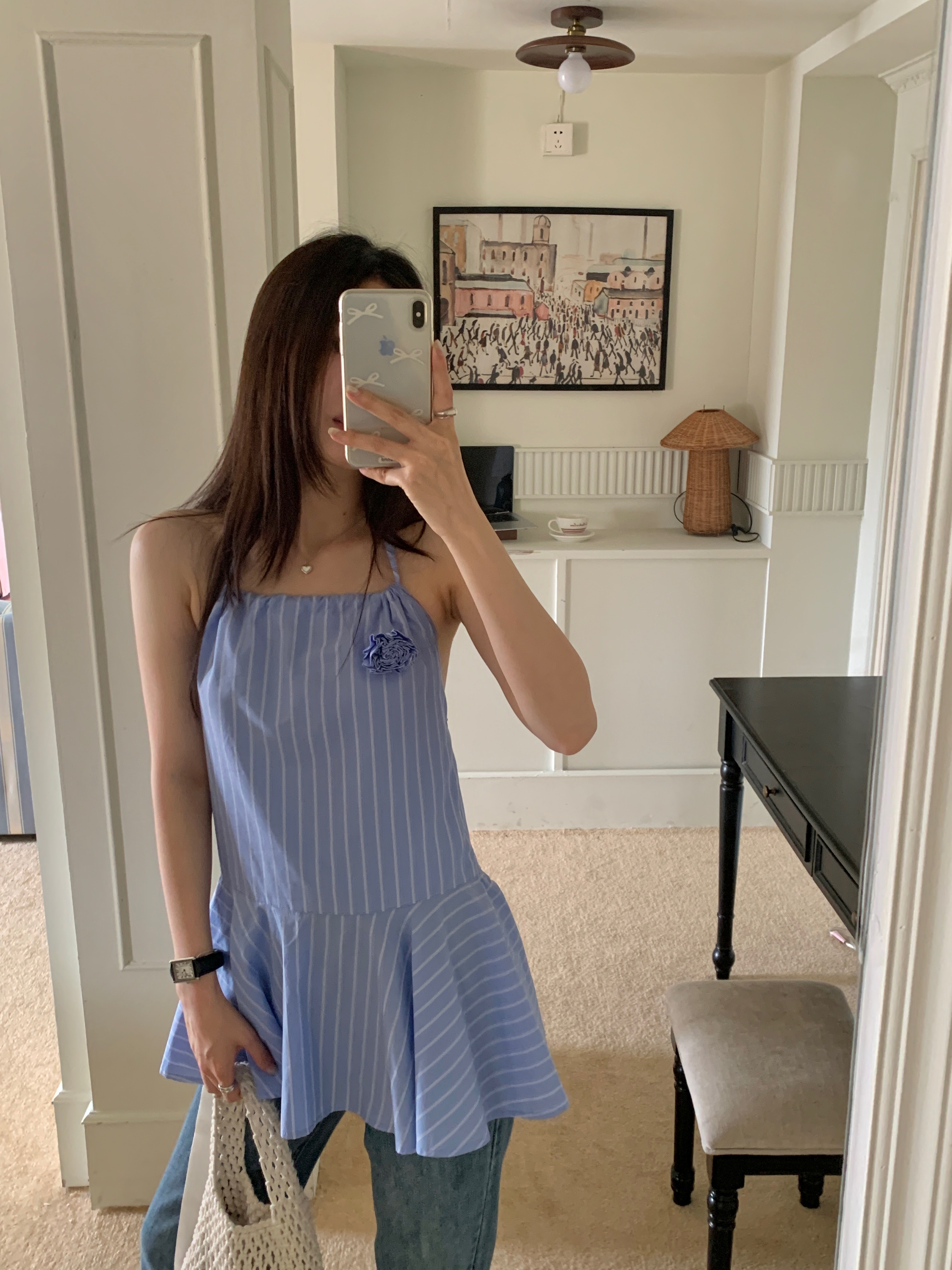 Actual shot Korean style hot girl blue striped halter top female three-dimensional rose leaking back lotus leaf sleeveless top
