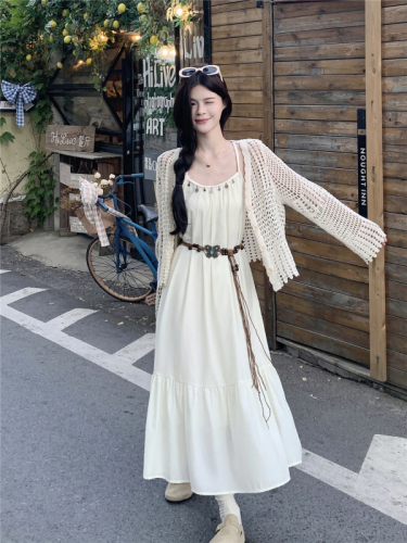 Summer super fairy loose suspender long skirt holiday style dress for women + lace hollow sun protection cardigan