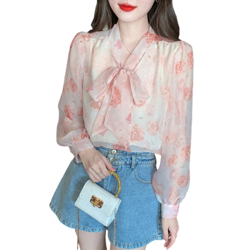 Real shot floral chiffon shirt women's long sleeve 2024 new style temperament fashion top butterfly shirt