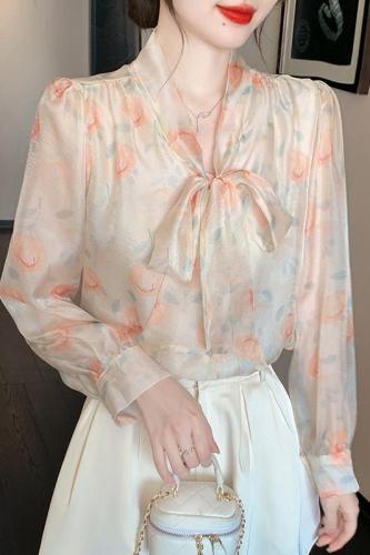 Real shot floral chiffon shirt women's long sleeve 2024 new temperament fashion top butterfly shirt has been shipped