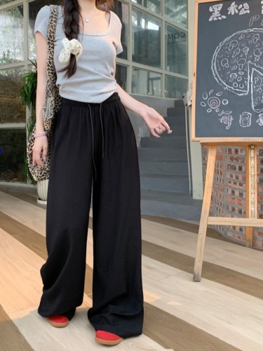 Lazy Style Drawstring Casual Pants Women's Summer Ice Silk Pants Wide Leg Pants Loose Draping Floor-Mopping Pants