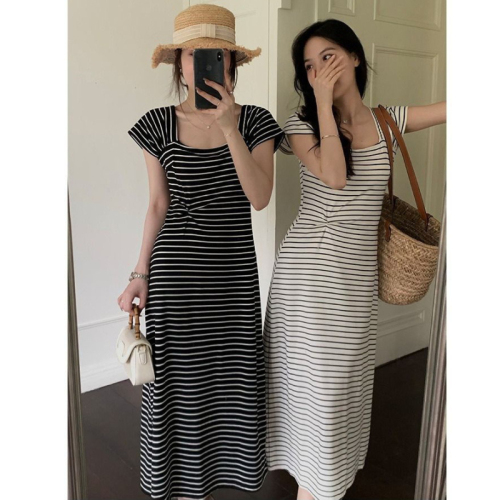 2024 Summer Temperament Waist Slimming Long Skirt French Square Collar Commuting Fashionable Striped Knitted Dress