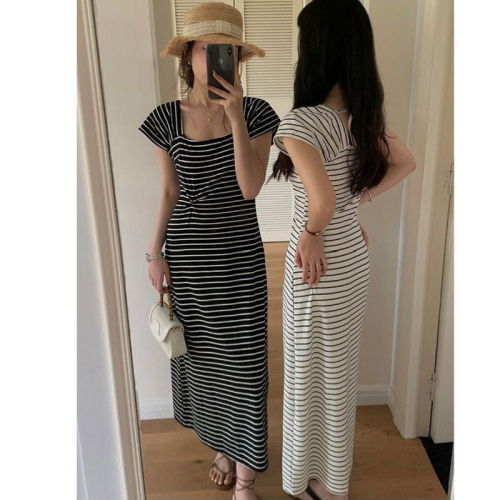 2024 Summer Temperament Waist Slimming Long Skirt French Square Collar Commuting Fashionable Striped Knitted Dress