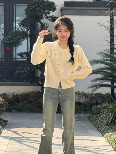 2024 Round Neck Colorful Embroidered Diamond Knit Cardigan Women's Casual Versatile Short Length High-end Petite Outerwear Top