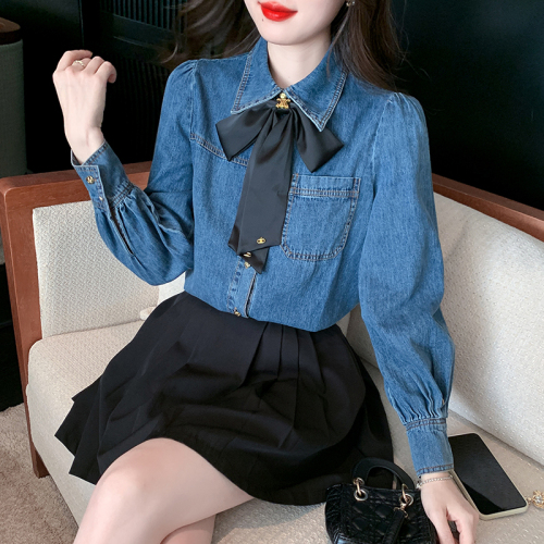 Actual photos have been shipped. Designed denim shirt, Korean style, stylish bow tie, versatile top